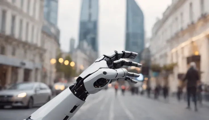 Robot delivering flyer in human hand in modern futuristic city, Imagem hiper-realista Full HD, 4k.