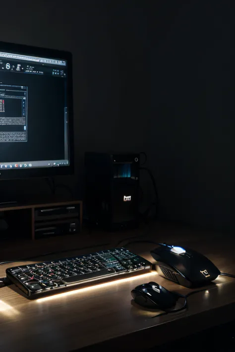 computer screen, coding, cool lights, keyboard and mouse on table