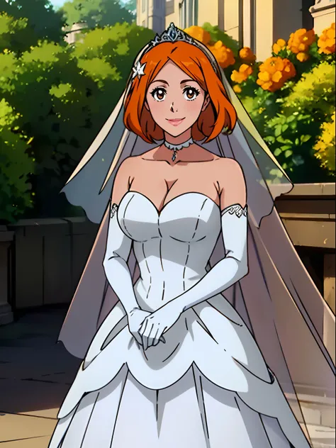 1girl hair between eyes, ahoge, brown eyes,orange hair, star (symbol), hair ornament, dress, cleavage, bare shoulders, collarbone, long white elbow gloves, white gloves, white dress, white choker, strapless, tiara, veil, strapless dress, wedding dress, bri...