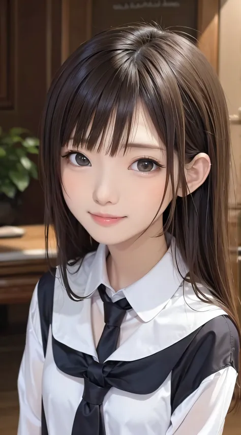 13years、brown haired、beautidful eyes、real looking skin、hi-school girl、a sailor suit、small tits、(8K、​masterpiece)、(reallistic、Photorealsitic)、top-quality、ighly detailed、The ultra-detailliert、Beautie、cute little、japanes、Idol、a smile、Close-up portrait、Healthy...