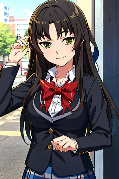 1girl, solo, facing viewer, looking at viewer, upper body, smile, SAION-JI ENJU, BLAZER, COLLARED SHIRT, BOWTIE, PLAID SKIRT