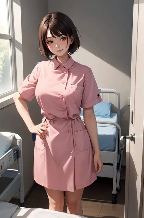 1lady standing next to the bed, nurse, /(nurse uniform/), /(brown short hair/), blush kind smile, (masterpiece best quality:1.3) delicate illustration ultra-detailed , large breasts BREAK /(hospital patient room/) patients bed /(window tree/)