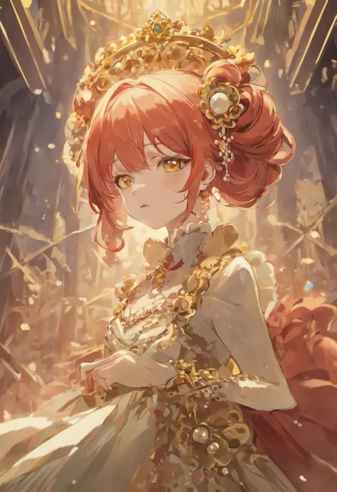 Mature anime woman, crimson hair, yellow eyes, hair in bun, pearls in hair, red Victorian dress, gold eyeshadow, glossy lips, long eyelashes