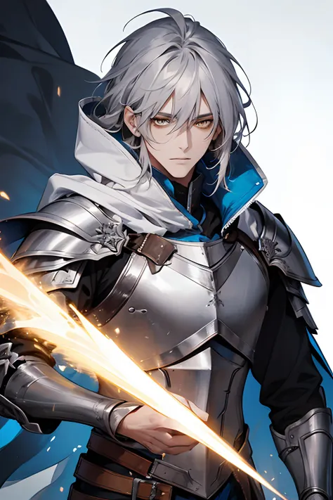 male, messy silver medium length hair with bangs, yellow eyes, adult face, adult, white hood and shroud, bare stomach, breast plate armor, thin lean and handsome, fantasy, sorcerer