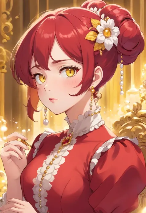 Mature anime woman, crimson hair, yellow eyes, hair in bun, pearls in hair, red Victorian dress, gold eyeshadow, glossy lips, long eyelashes