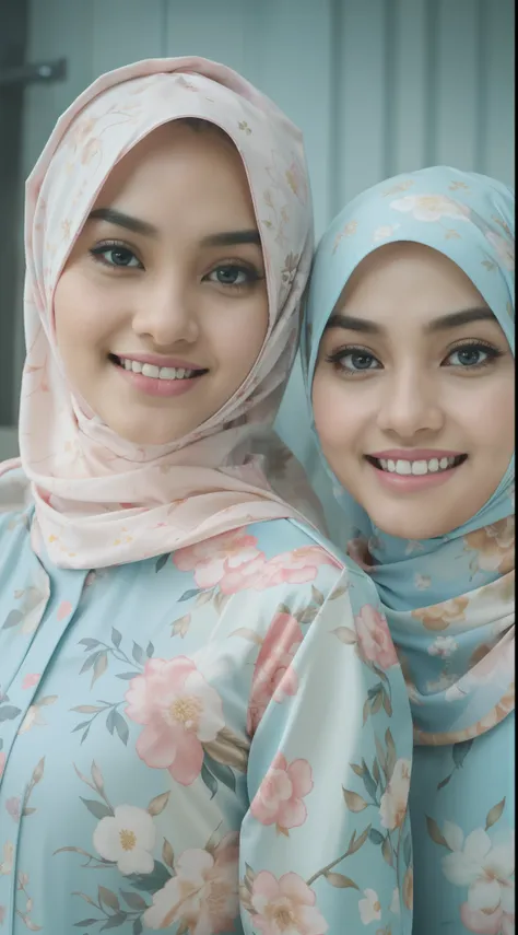 4 beautiful malay girl in pastel color hijab taking picture in modern kitchen, wear pastel blue and white floral pattern baju kurung, friendly and laughing situation, laughing, happy, modern pastel color kitchen, detailed skin texture, soft lighting, paste...