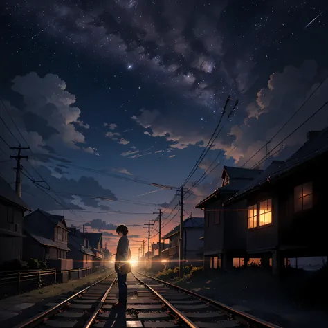 High quality masterpiece ，scenecy，Anime train passing through bodies of water on tracks， Glittering starry sky。Romantic train，Pisif，concept-art，Lofi art style，Reflectors。 By Makoto Shinkai, Lofi art, beautiful anime scenes, Anime landscapes, Detailed scene...