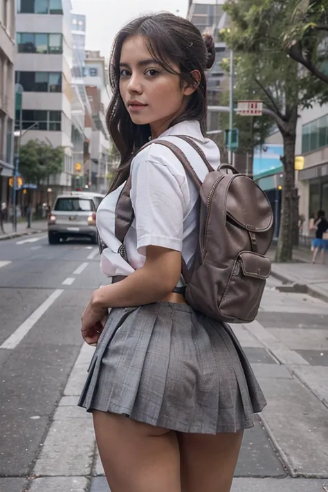 masterpiece, best quality, high resolution, beautiful, teen mexican schoolgirl, normal build, on a street, on the streets of the city full of people, walking, on her back with a mini gray pleated skirt, with a small pink backpack on her back, the wind lift...