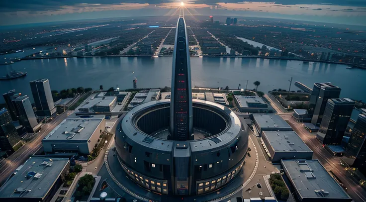 A sweeping aerial shot of the Quantum Research Facility against a futuristic cityscape. Drones patrol the sky, capturing the scale and importance of the facility.