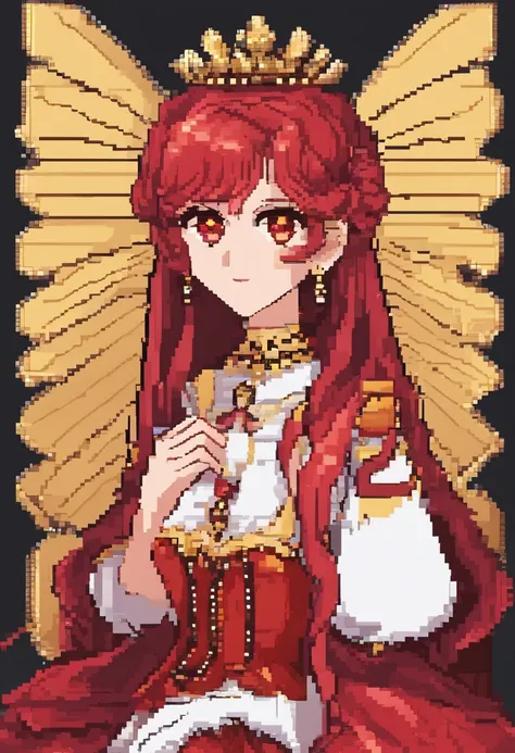 Mature anime woman, crimson hair, yellow eyes, hair in bun, pearls in hair, red Victorian dress, gold eyeshadow, glossy lips, long eyelashes