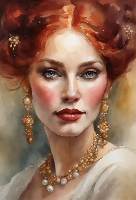 Mature anime woman, crimson hair, yellow eyes, hair in bun, pearls in hair, red Victorian dress, gold eyeshadow, glossy lips, long eyelashes