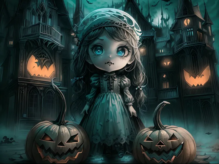 （Halloween dark fantasy），（ultra-wide-angle），rays of moonlight，In front of the Gothic castle，A Halloween witch（looking at viewert，Wearing a shabby maid dress，sparkle eyes，Openyourmouth，on the far right of the screen），Delicious sweets，Pumpkin monsters，mummy，...