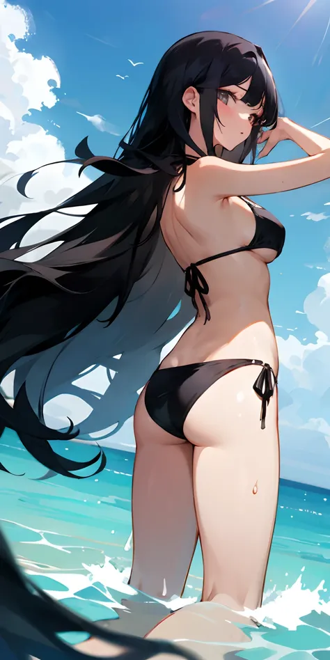 Girl long black hair with bikini