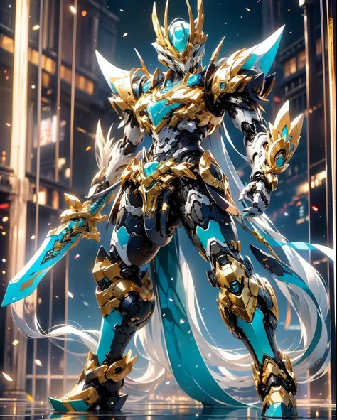 super wide shot, Full body frontal photo,Mecha male warrior， Jade Emperor style,《The mech colors are gold and silver-white》，（《Holding the Xuanyuan sword》，The sword is full of futuristic technology，），（Full body mecha）, Keqing from Genshin Impact, (Masterpie...