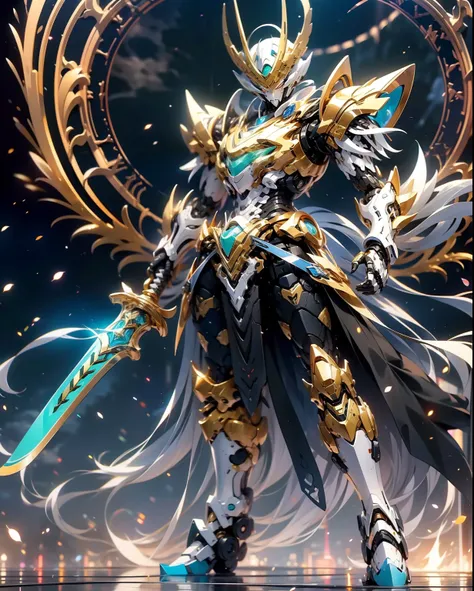 super wide shot, Full body frontal photo,Mecha male warrior， Jade Emperor style,《The mech colors are gold and silver-white》，（《Holding the Xuanyuan sword》，The sword is full of futuristic technology，），（Full body mecha）, Keqing from Genshin Impact, (Masterpie...