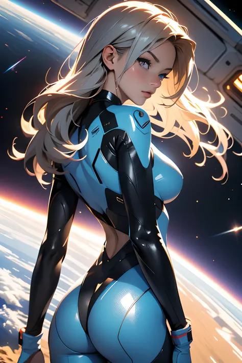 rear view, backside view, turning away, sandy hair, eyes are blue, fit body large breasts slender thighs slender waist pilot suit solo looking away from viewer, in space, long hair, blushing, determination, 8k, extreme detail,