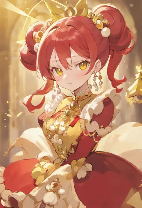 Mature anime woman, crimson hair, yellow eyes, hair in bun, pearls in hair, red Victorian dress, gold eyeshadow, glossy lips, long eyelashes