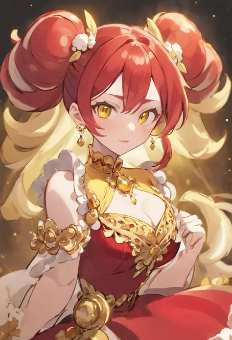 Mature anime woman, crimson hair, yellow eyes, hair in bun, pearls in hair, red Victorian dress, gold eyeshadow, glossy lips, long eyelashes