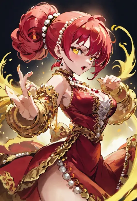 Mature anime woman, crimson hair, yellow eyes, hair in bun, pearls in hair, red Victorian dress, gold eyeshadow, glossy lips, long eyelashes