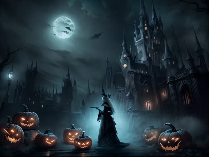 （Halloween dark fantasy），（ultra-wide-angle），rays of moonlight，In front of the Gothic castle，A Halloween witch（looking at viewert，Wearing a shabby maid dress，sparkle eyes，Openyourmouth，on the far right of the screen），Delicious sweets，Pumpkin monsters，mummy，...