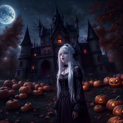 （Halloween dark fantasy），（ultra-wide-angle），rays of moonlight，In front of the Gothic castle，A Halloween witch（looking at viewert，sparkle eyes，Openyourmouth，on the far right of the screen），Delicious sweets，Pumpkin monsters，Electroluminescence，Dreamy glow，Co...