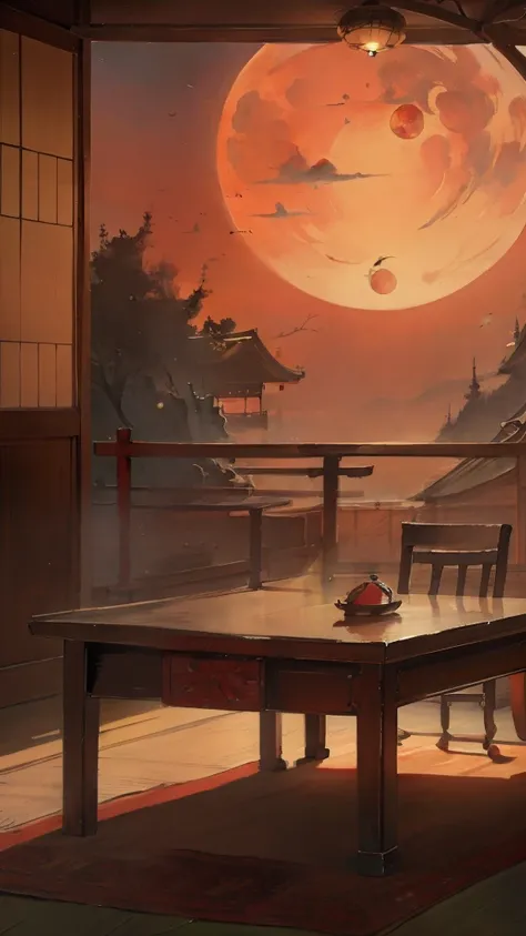 A painting of  a lot of an ancient asian study room, indoor view, an antique table in the middle, a red full moon in the sky, (do not appear figures)