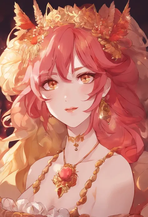 Mature anime woman, crimson hair, yellow eyes, hair in bun, pearls in hair, red Victorian dress, gold eyeshadow, glossy lips, long eyelashes