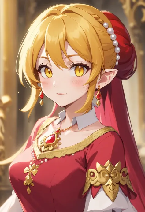 Mature anime woman, crimson hair, yellow eyes, hair in bun, pearls in hair, red Victorian dress, gold eyeshadow, glossy lips, long eyelashes