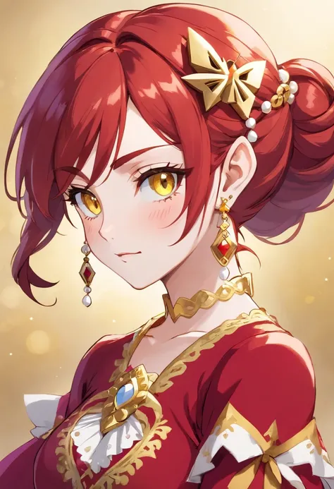 Mature anime woman, crimson hair, yellow eyes, hair in bun, pearls in hair, red Victorian dress, gold eyeshadow, glossy lips, long eyelashes