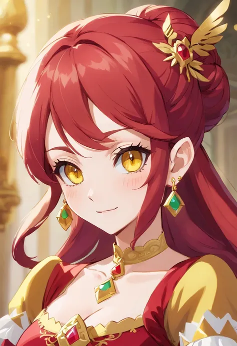 Mature anime woman, crimson hair, yellow eyes, hair in bun, pearls in hair, red Victorian dress, gold eyeshadow, glossy lips, long eyelashes