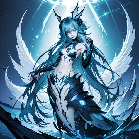 Masterpiece, Lamia Pugh, Best quality, Cyprus,Masterpiece, Ami Apog, Blue_lipstick, Blue_eyes liner, symbol-shaped_Eyes, Multicolored_Hair, Detached collar, head fins, hand on own head, Hand up, Head tilt, holographic interface, Mermaid tail, mermaid, merm...