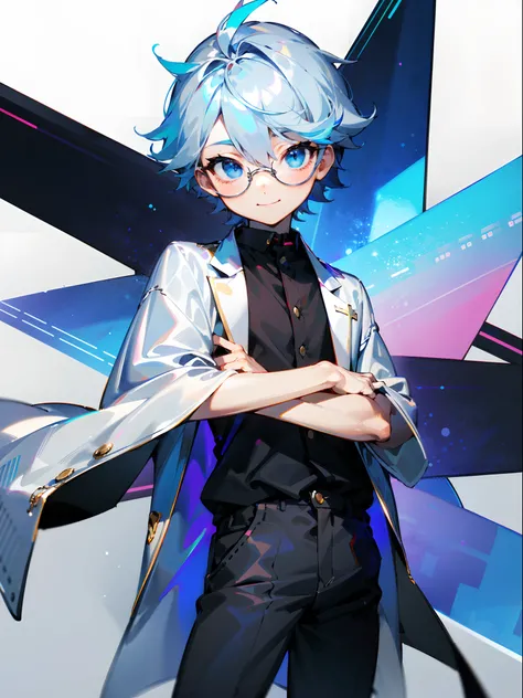 (Male child, eye glasses,blue eyess，A smile, silber hair)，独奏、Iridescent background、Leader Model Pose