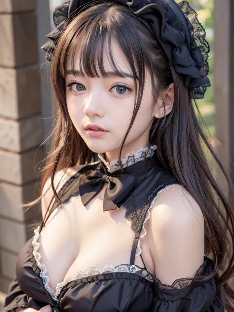 1 nogizaka girl, utterly cute, bishojo, 15yo, gothic lolita fashion, an exquisitely detailed and beautiful face and eyes and skin, detailed black shine hair, (medium breasts), (cleavage), (open chest), elegant frills, frilled tie, ribbon tie, rose hair acc...