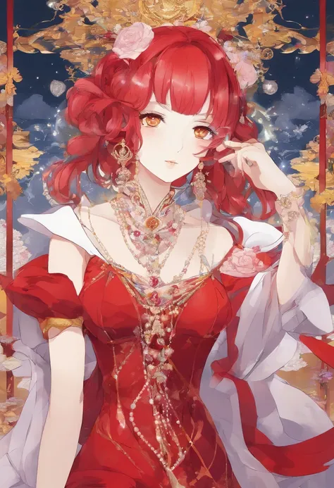 Mature anime woman, crimson hair, yellow eyes, hair in bun, pearls in hair, red Victorian dress, gold eyeshadow, glossy lips, long eyelashes