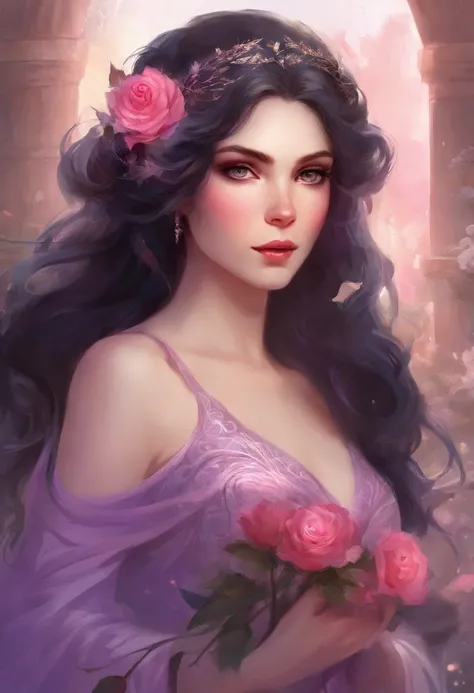 Wavy black hair, pale skin, pale purple eyes, beautiful face, pouty lips, rose in hair, red dress, sweet expression