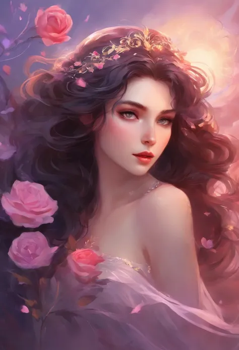 Wavy black hair, pale skin, pale purple eyes, beautiful face, pouty lips, rose in hair, red dress, sweet expression