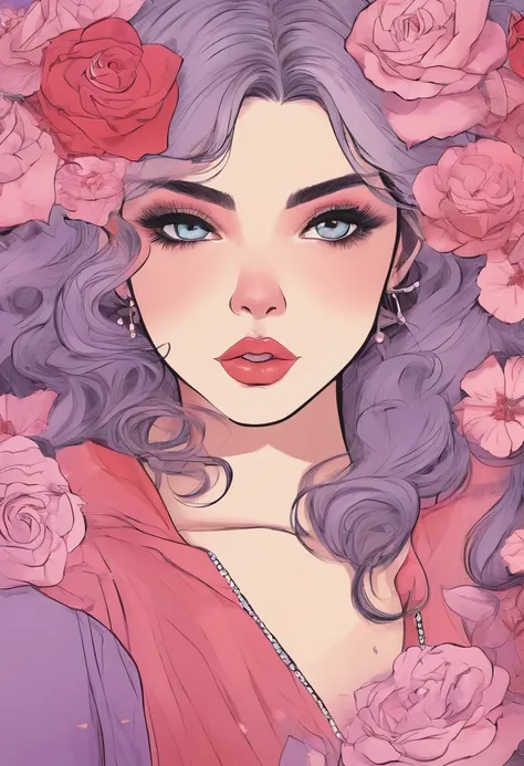 Wavy black hair, pale skin, pale purple eyes, beautiful face, pouty lips, rose in hair, red dress, sweet expression