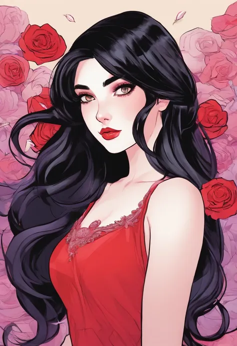 Wavy black hair, pale skin, pale purple eyes, beautiful face, pouty lips, rose in hair, red dress, sweet expression