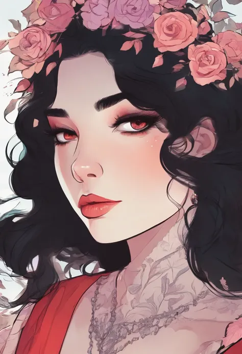 Wavy black hair, pale skin, pale purple eyes, beautiful face, pouty lips, rose in hair, red dress, sweet expression