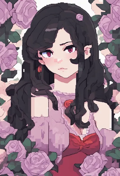 Wavy black hair, pale skin, pale purple eyes, beautiful face, pouty lips, rose in hair, red dress, sweet expression