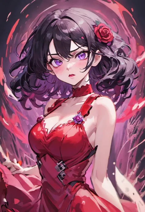 Wavy black hair woman, pale skin, pale purple eyes, beautiful face, pouty lips, rose in hair, red dress, sweet expression