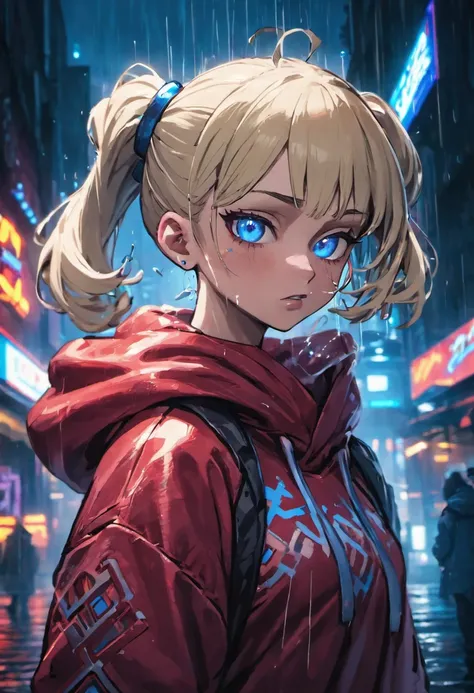 close up photograph, Confident young cyberpunk woman，blonde with blue eyes，Gray hair bun, Wear a hoodie with a red and blue pattern, On the streets soaked with rain at night, Photorealistic, Cinematic lighting