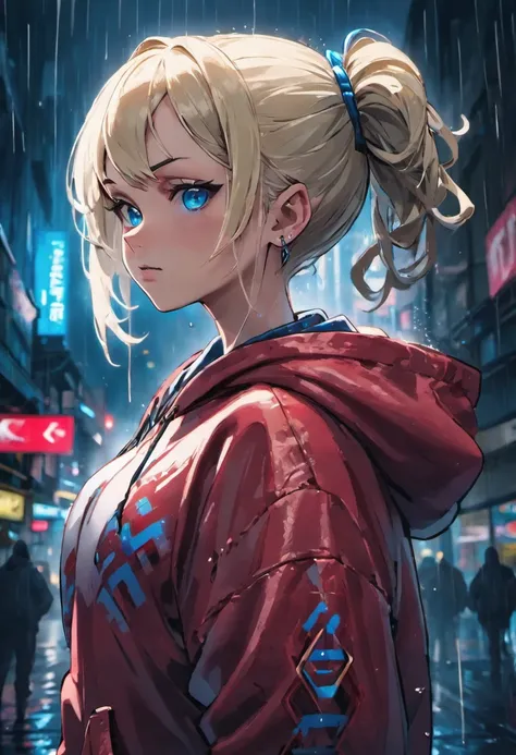 close up photograph, Confident young cyberpunk woman，blonde with blue eyes，Gray hair bun, Wear a hoodie with a red and blue pattern, On the streets soaked with rain at night, Photorealistic, Cinematic lighting