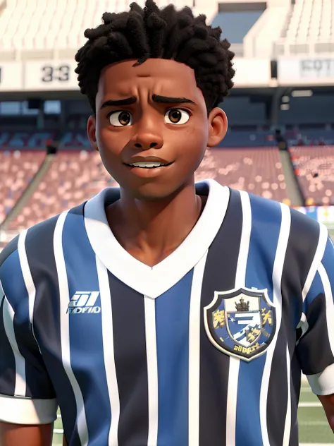 A black boy in a football stadium with black shorts and with expression of determination