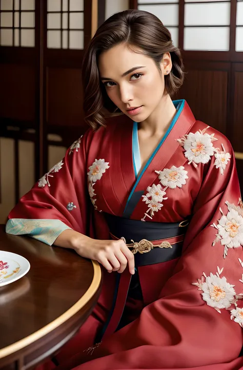 There was a woman sitting at the table，Gal Gadot,   Perfect eyes, Beautiful face，pale brown hair, short detailed hair, bobo head, side parted hair,Background of details，Break ,exquisite costumes(Luxury kimono(red kimono(Detailed Embroidery))