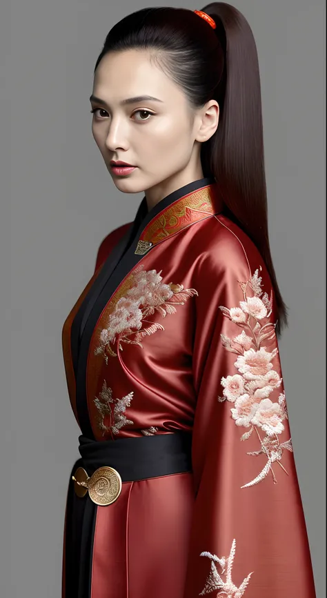 Gal Gadot,   Perfect eyes, Beautiful face，pale brown hair, short detailed hair, bobo head, side parted hair,Background of details，Break ,exquisite costumes(Luxury kimono(red kimono(Detailed Embroidery)),Break,Wallpapers 16K,(masutepiece:1.5), (Best quality...