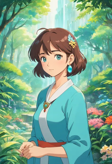 A girl wearing an anime collar, A long necklace and earrings, inthe style of tranquil gardenscapes, colorful animation stills, Masami Teraoka, aquamarine, Paul Gauguin, Amber style, Honest portrayal