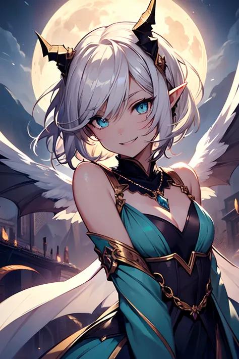 1woman, Highly detailed, elf ears, very short hair, white hair, asymmetrical hair, wavy hair, ornate dress, blue eyes, glowing eyes, fangs, dragon eyes, feathered hair, blue gem necklace, slender, angel wings, small-medium chest, dragon horns, masterpiece,...