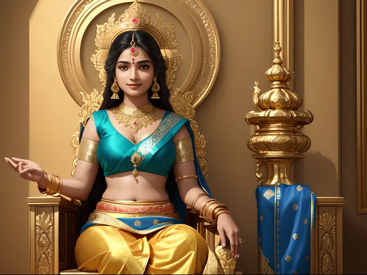 Indian girl with divine smiling face, perfectly seated on throne, perfect anatomy, equally symmetric arms, 16k, ultra high max pro resolution, high definition, symmetric body and face structure, ultra realistic symmetric eye, octane render, saree in cloth,...