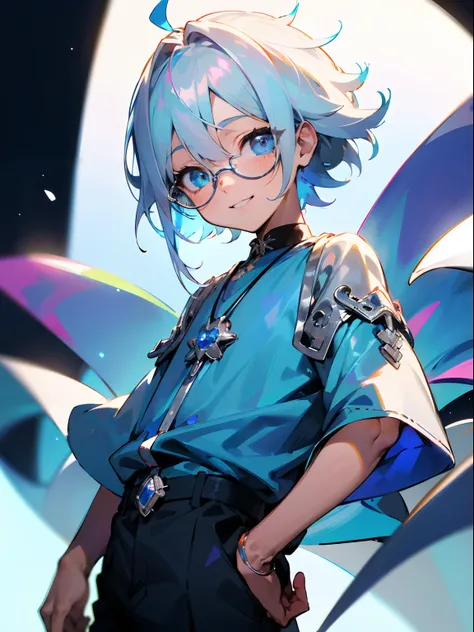 (Male child, eye glasses,blue eyess，A smile, silber hair)，独奏，cowboy  shot，Iridescent background